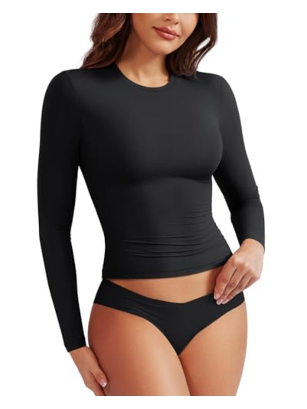 Slim Fit Long Sleeve Crew Neck Double Lined Fitted Crop Top Sexy Trendy Going
